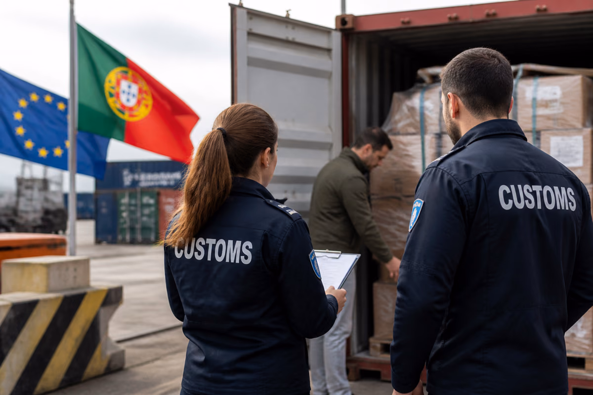 Colníci sledujú muža, ktorý kontroluje krabice v kontajneri v prístave s vlajkami Portugalska a EÚ