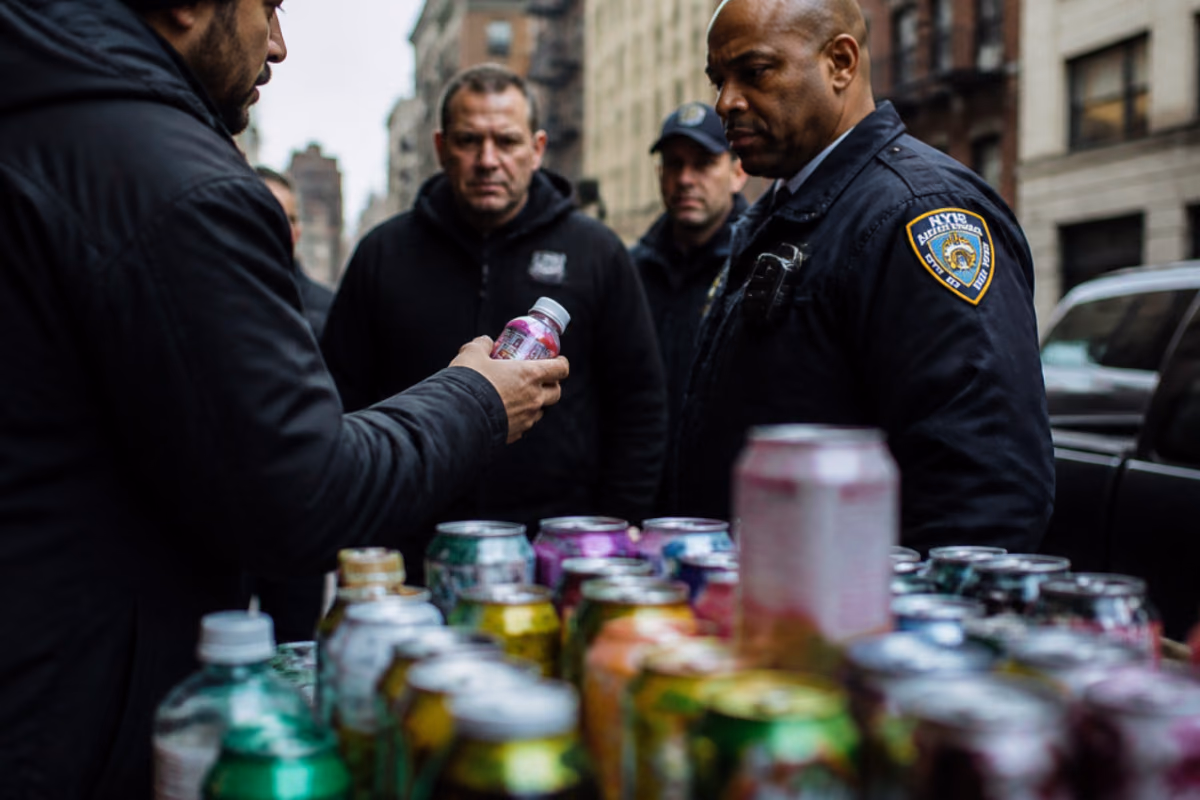 Policajti v New Yorku kontrolujú stánok s nápojmi, muž im ukazuje fľašu s farebnou etiketou